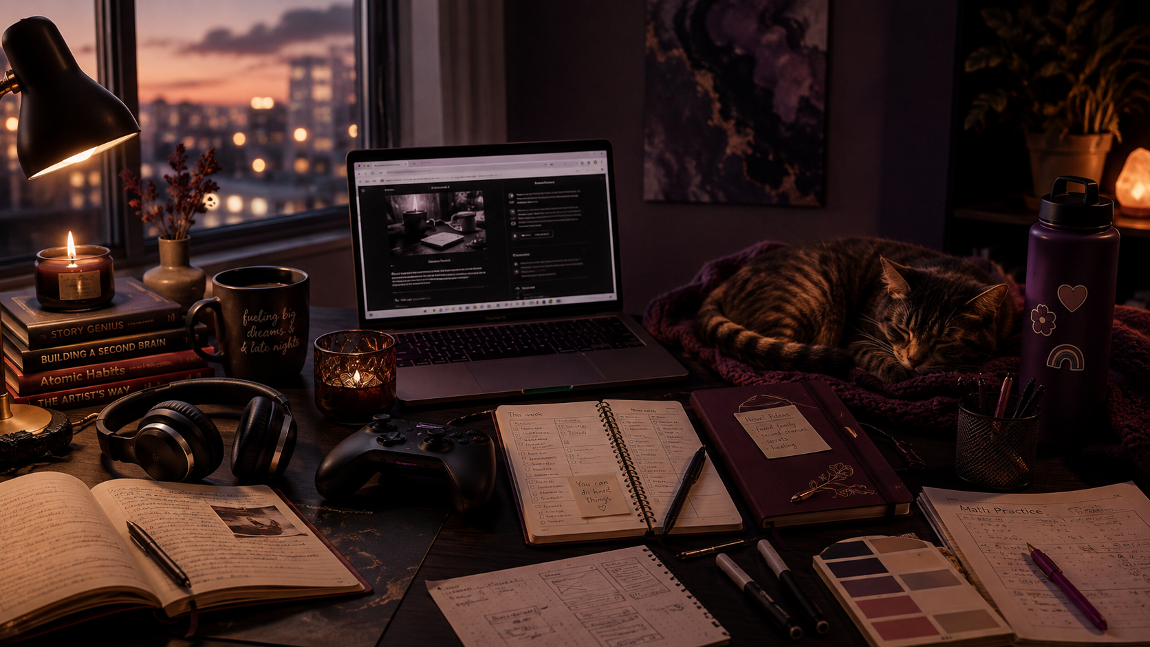 Cozy creative workspace with a laptop, notebooks, headphones, game controller, books, planners, and a sleeping cat, representing multiple interests, creativity, gaming, learning, and limited time.