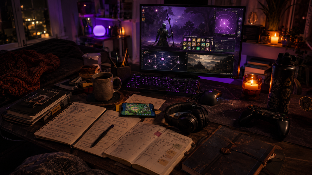 Cozy nighttime gaming desk with a fantasy game on the monitor, keyboard, controller, headset, phone, planner, notebooks, and warm purple-orange lighting.