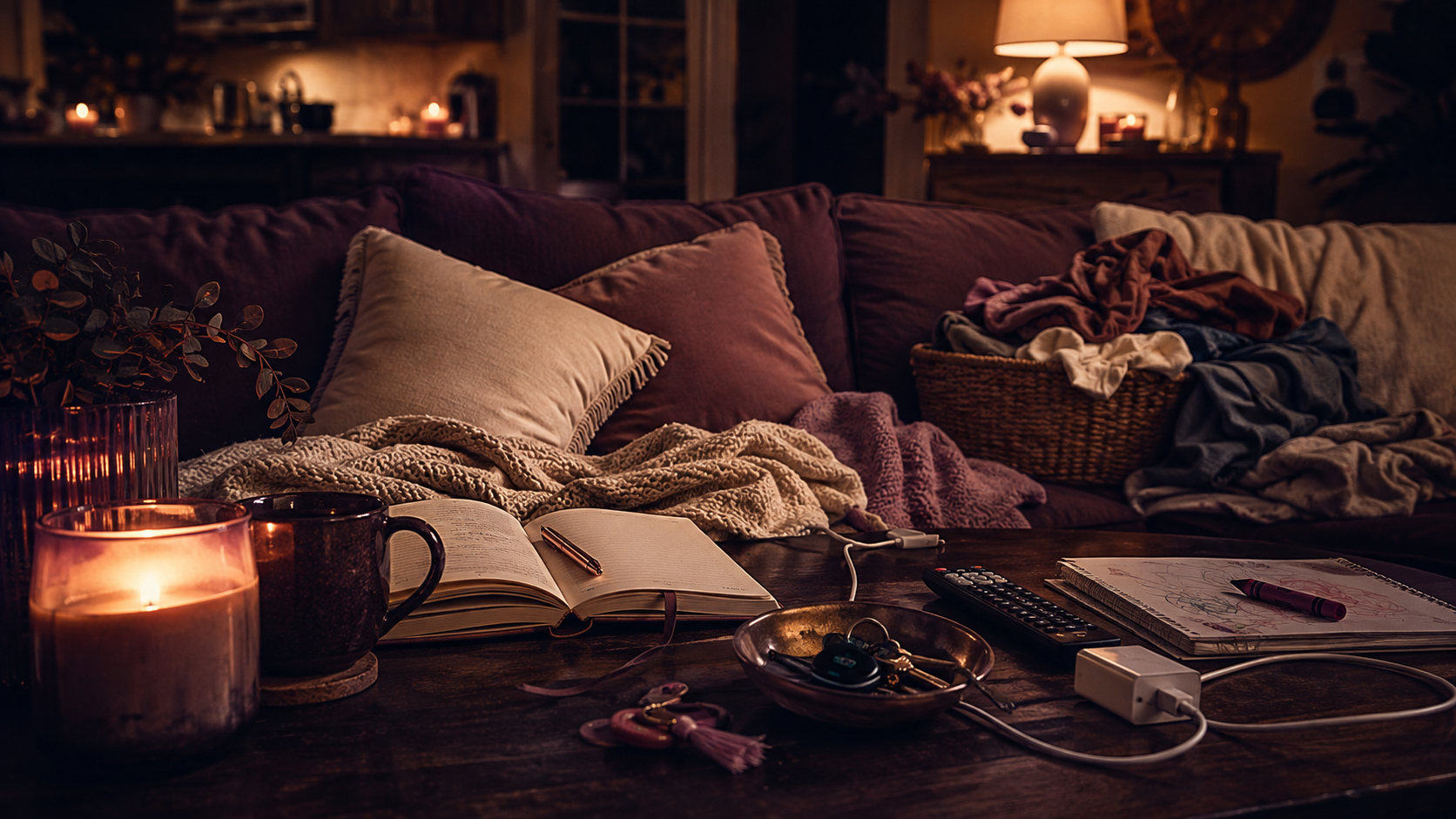 Cozy living room with a candle, journal, coffee mug, laundry basket, remote, charger, and children’s drawing, representing the mental load of motherhood and trying to make time for self-care.
