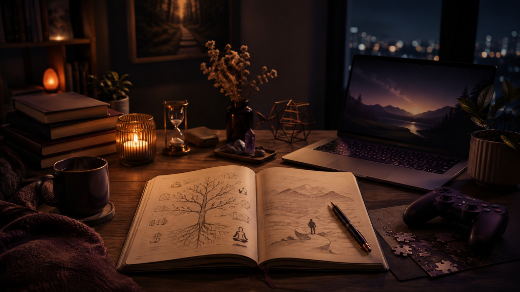Cozy nighttime desk with an open journal, laptop, candle, hourglass, books, and game controller symbolizing reinvention, personal growth, and starting over in your 30s.