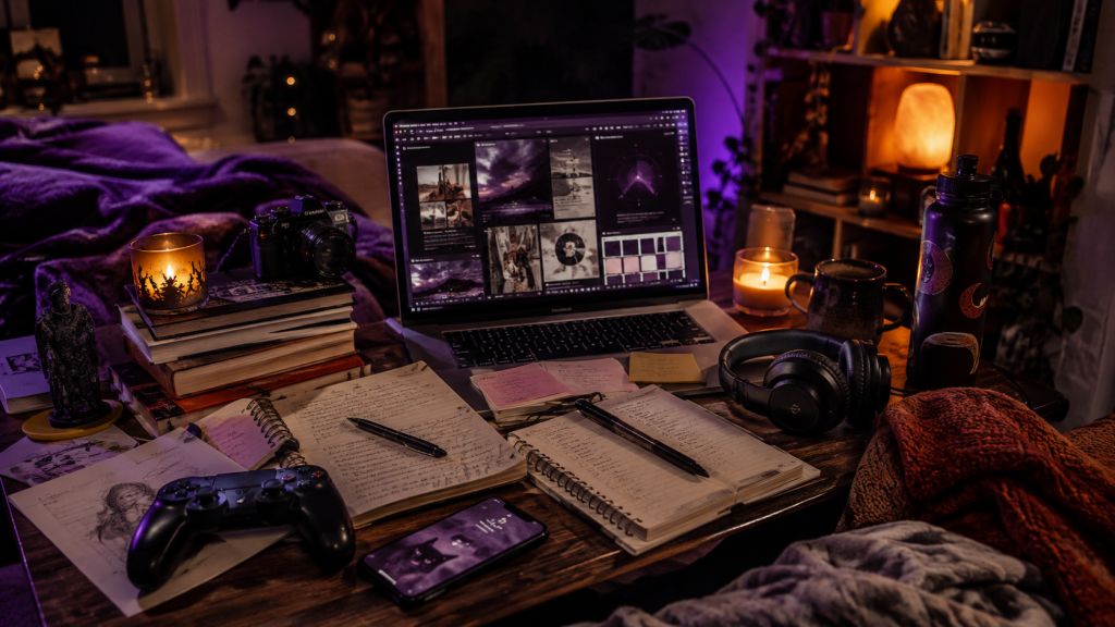 Moody creative workspace with laptop, notebooks, books, gaming controller, headphones, candles, and purple-orange lighting representing a life with many overlapping interests.