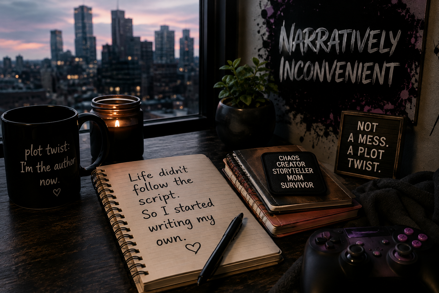 Moody creative desk representing life not going according to plan, with a handwritten notebook, candles, game controller, coffee mug, and city skyline.