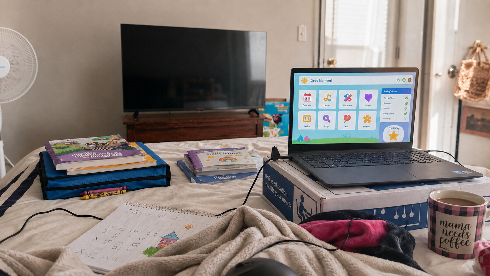 Online kindergarten learning setup on a bed with a laptop, workbooks, crayons, notebook, and learning materials for at-home school.