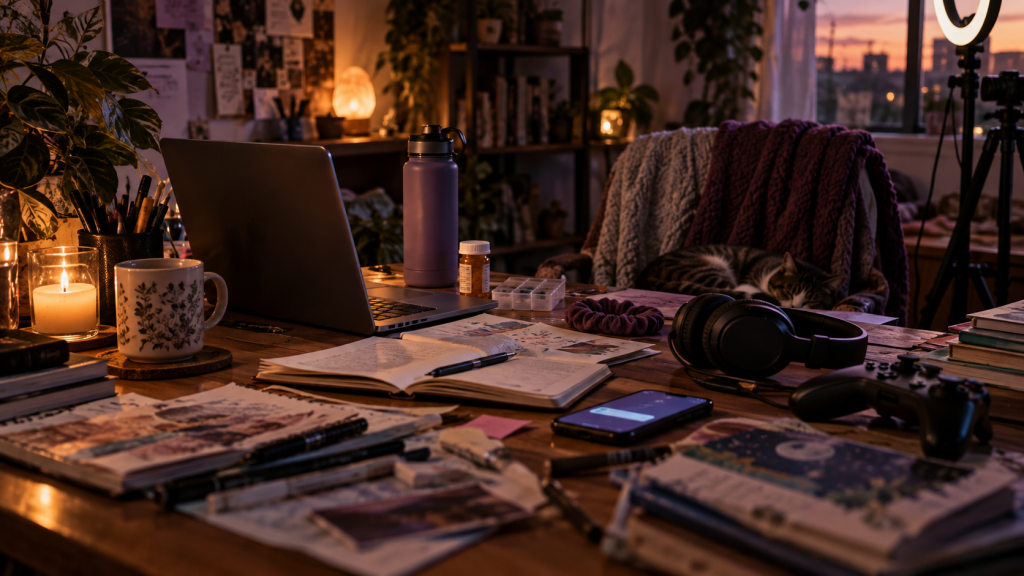 Hobbies becoming content represented by a creative workspace with a laptop, notebooks, gaming gear, medication, a phone, and a ring light.