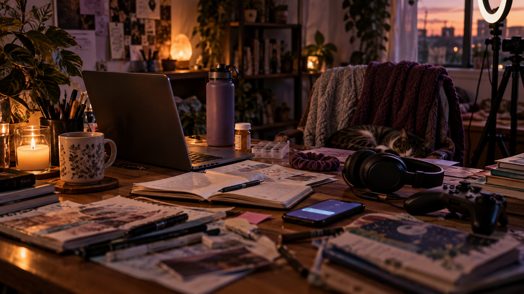 Hobbies becoming content represented by a creative workspace with a laptop, notebooks, gaming gear, medication, a phone, and a ring light.