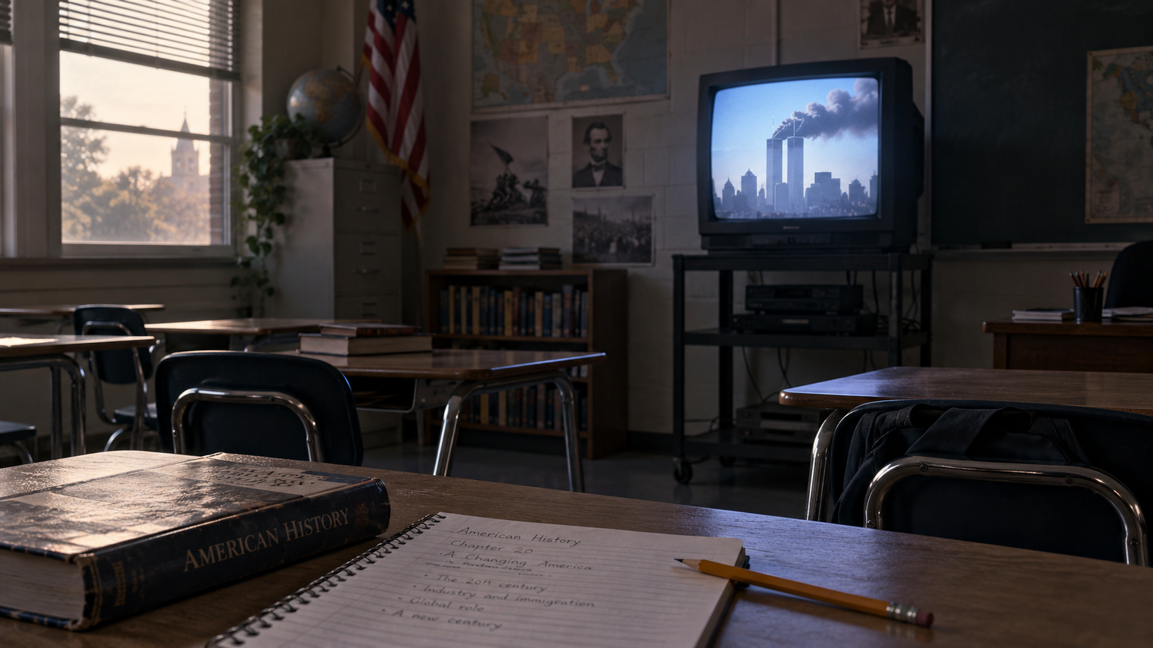 September 11 remembrance shown through an American History classroom with a textbook, notebook, and a television broadcasting news of the Twin Towers attack.