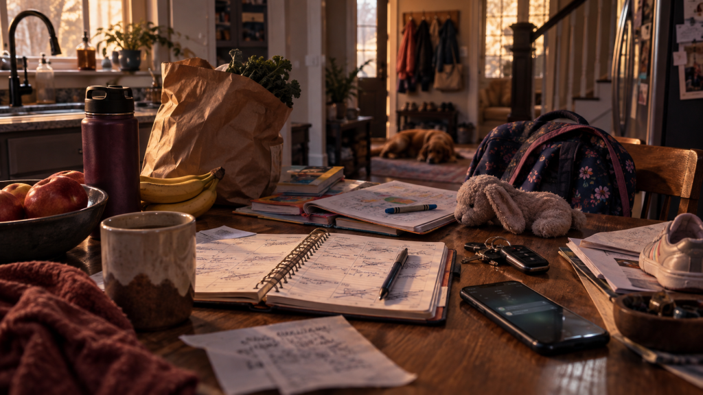 One week without a side quest shown through a cluttered table with a planner, schoolwork, keys, groceries, and everyday household chaos.