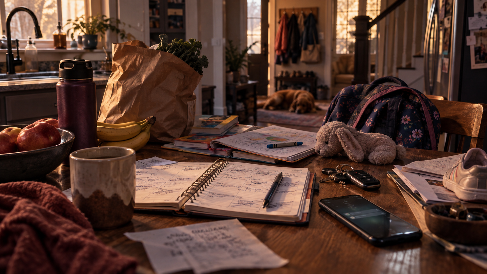 One week without a side quest shown through a cluttered table with a planner, schoolwork, keys, groceries, and everyday household chaos.