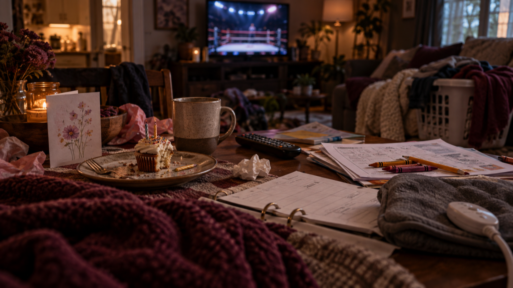 Labor Day weekend with chronic illness represented by a cluttered family table with birthday leftovers, schoolwork, a heating pad, laundry, and wrestling on TV.