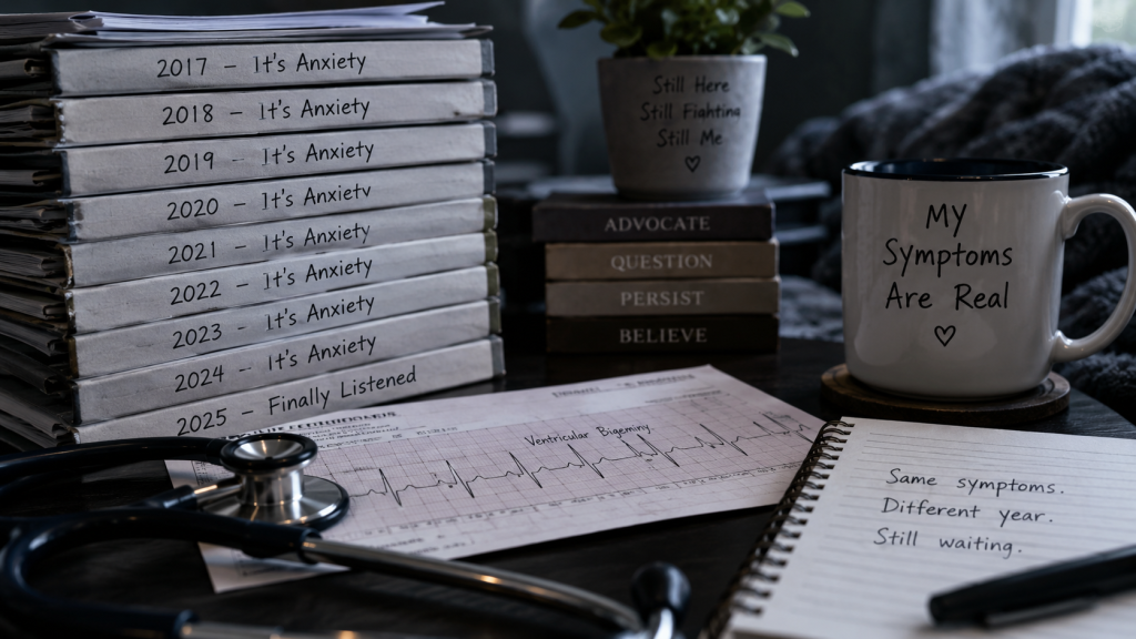 Medical trauma from being dismissed by doctors represented by years of notes labeled “It’s Anxiety,” an abnormal ECG, a stethoscope, and a notebook about still waiting.