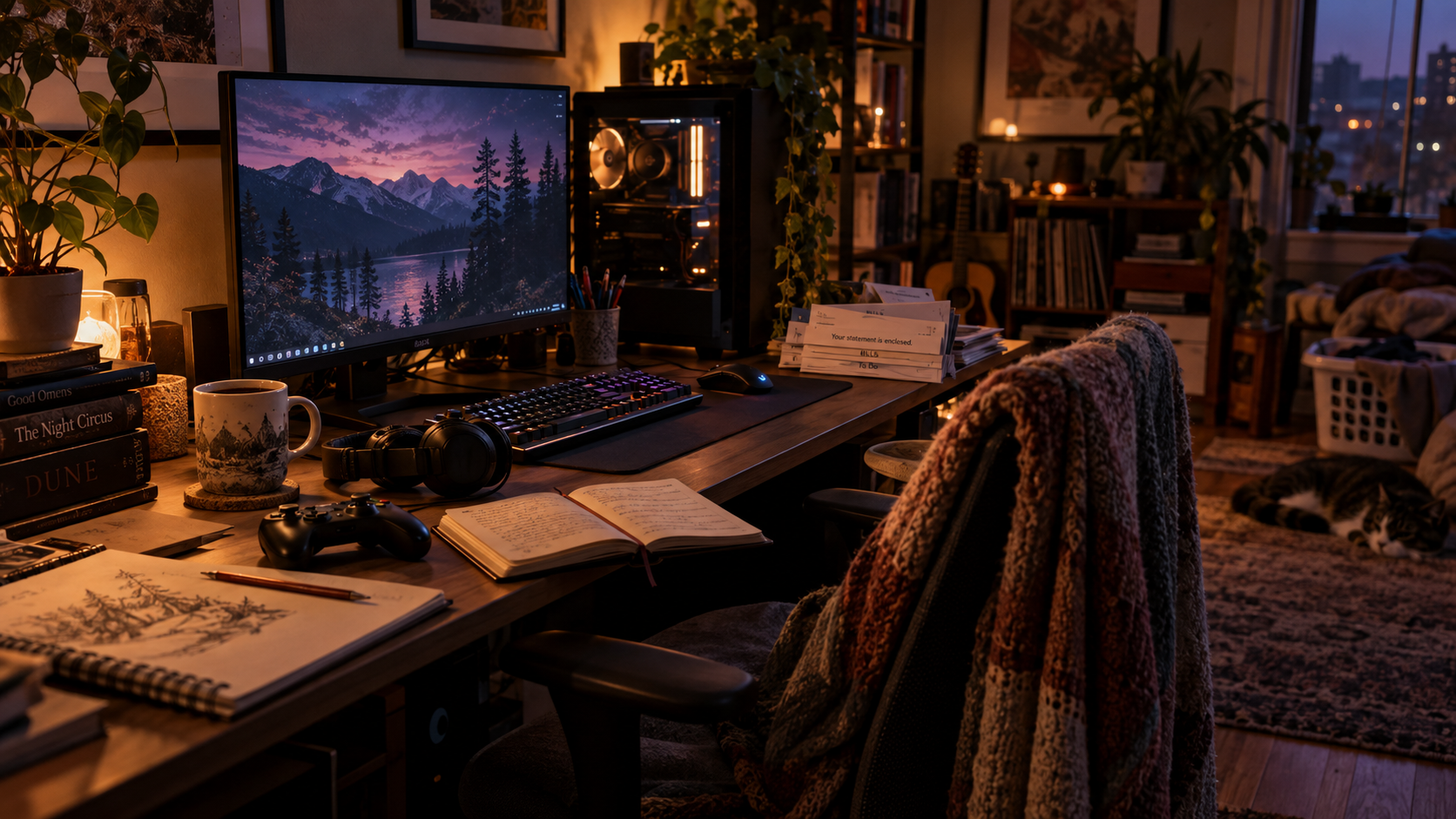 Missing hobbies you still love represented by a cozy gaming desktop, controller, headphones, books, notebook, sketchbook, and everyday household responsibilities.