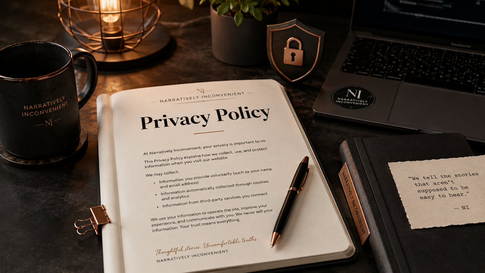 Privacy policy featured image with a warm editorial desk, open privacy document, laptop, coffee mug, pen, and padlock symbol.