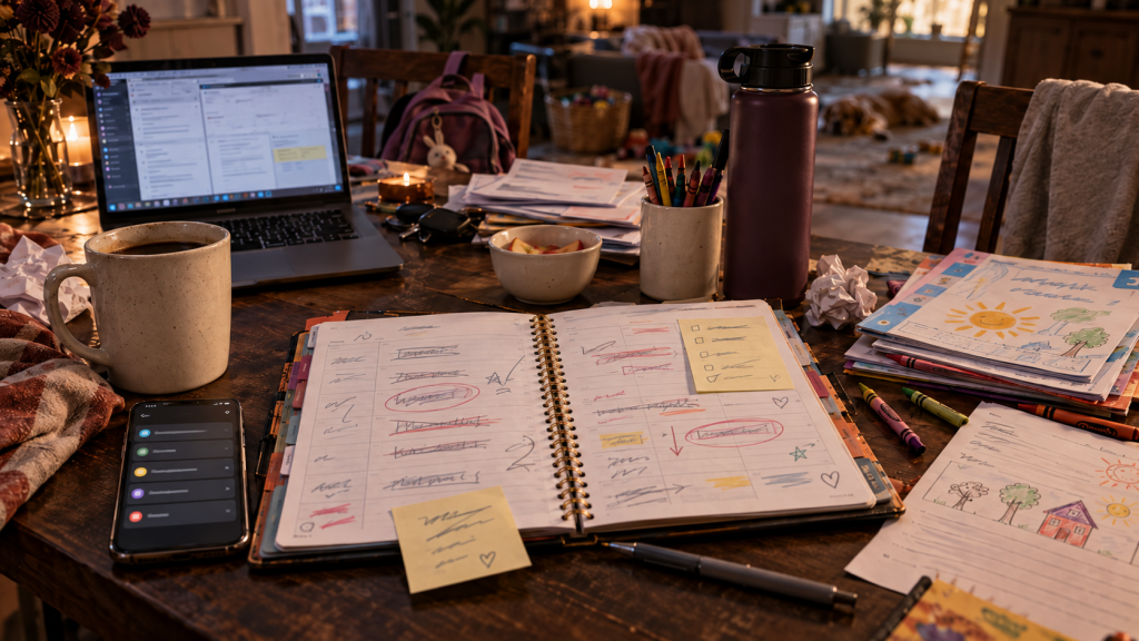 Trying to stick to a schedule shown through a cluttered planner, laptop, schoolwork, phone reminders, and everyday household chaos.