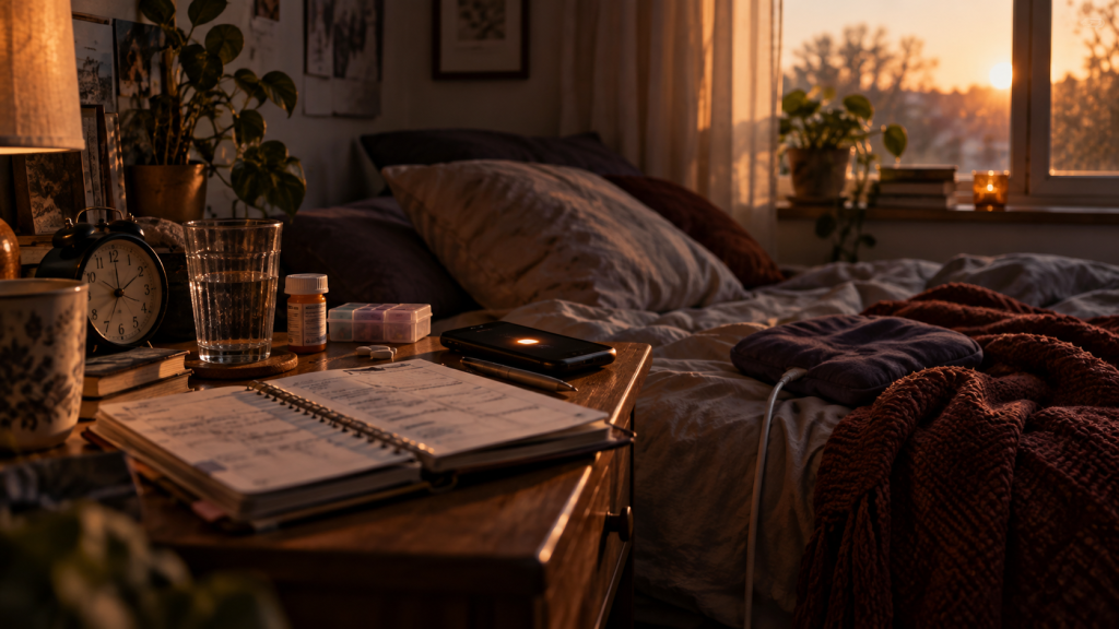 Chronic illness and sense of time represented by a bedside clock, planner, medication, water, phone, and an unmade bed in warm evening light.